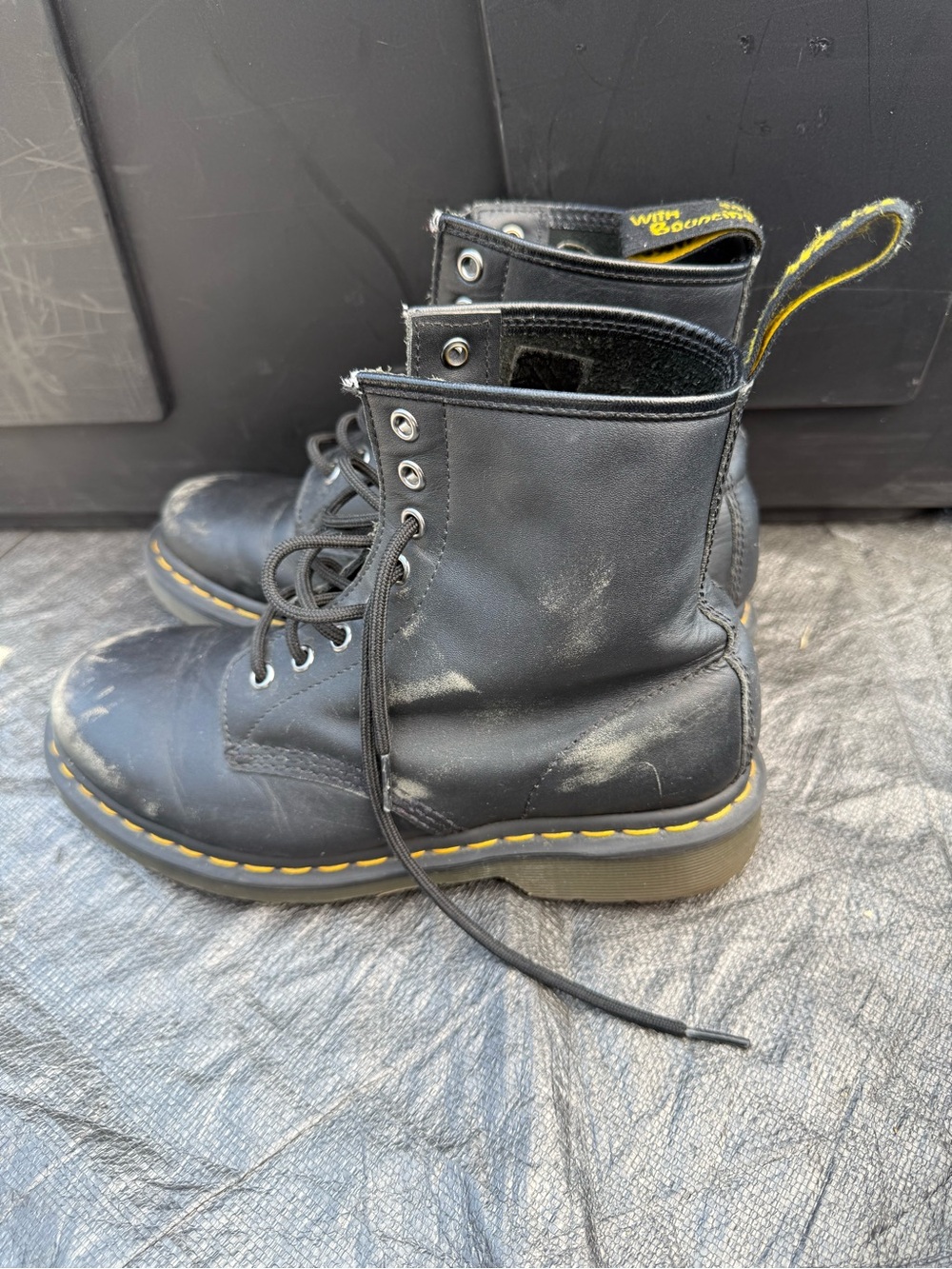 Dr. Martens Black Leather Lace-Up Ankle Boots with Yellow Stitching